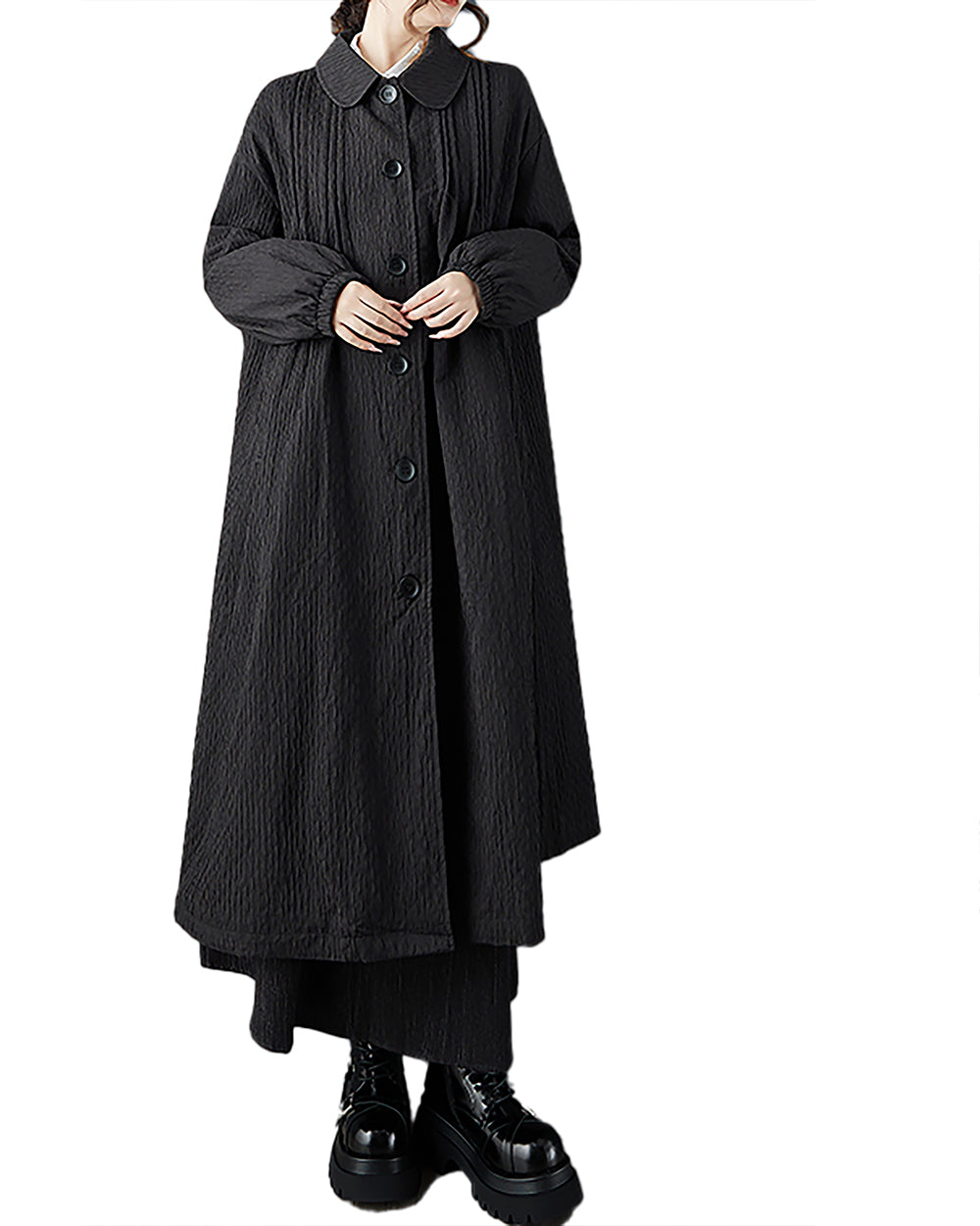 ellazhu Women's Coats Lapel Solid Long Sleeve Button Down Plus Size Maxi Casual Fashion Vintage GZ684 Black