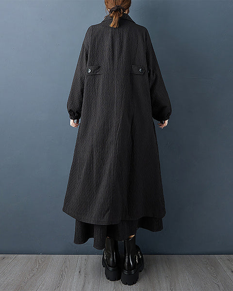 ellazhu Women's Coats Lapel Solid Long Sleeve Button Down Plus Size Maxi Casual Fashion Vintage GZ684 Black