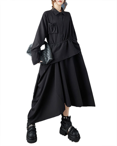 ellazhu Women's Coats Dress Lapel Long Sleeve Solid Button Ruched Waist Maxi Plus Size Pocket Irregular Hem GZ685 Black