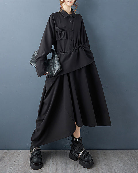 ellazhu Women's Coats Dress Lapel Long Sleeve Solid Button Ruched Waist Maxi Plus Size Pocket Irregular Hem GZ685 Black