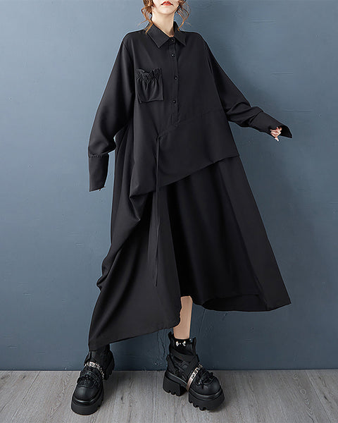 ellazhu Women's Coats Dress Lapel Long Sleeve Solid Button Ruched Waist Maxi Plus Size Pocket Irregular Hem GZ685 Black