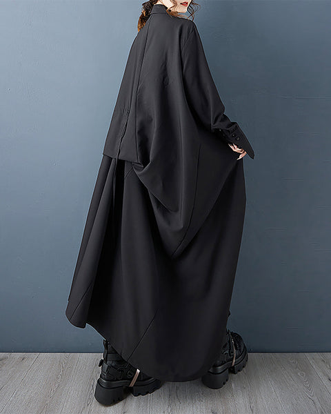 ellazhu Women's Coats Dress Lapel Long Sleeve Solid Button Ruched Waist Maxi Plus Size Pocket Irregular Hem GZ685 Black