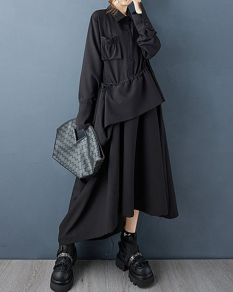 ellazhu Women's Coats Dress Lapel Long Sleeve Solid Button Ruched Waist Maxi Plus Size Pocket Irregular Hem GZ685 Black