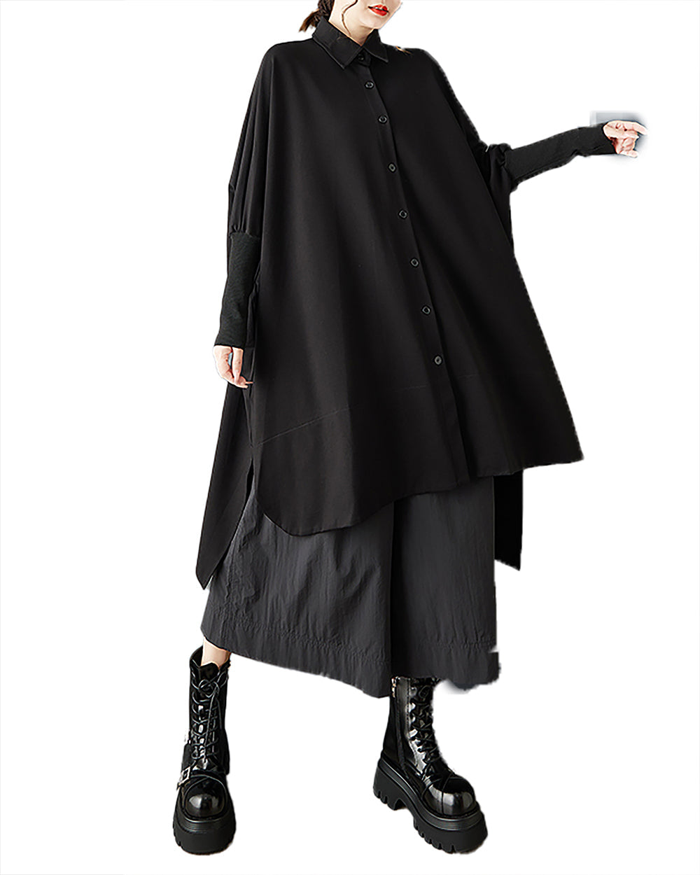 ellazhu Women's Shirt Coat Lapel Button Down Long Sleeve Solid Irregular Hem Plus Size Maxi Casual Fashion GZ686 Black