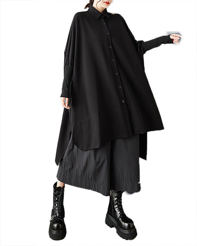 ellazhu Women's Shirt Coat Lapel Button Down Long Sleeve Solid Irregular Hem Plus Size Maxi Casual Fashion GZ686 Black