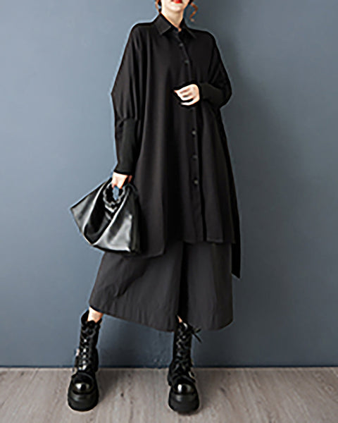 ellazhu Women's Shirt Coat Lapel Button Down Long Sleeve Solid Irregular Hem Plus Size Maxi Casual Fashion GZ686 Black