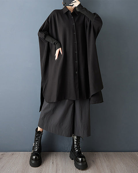 ellazhu Women's Shirt Coat Lapel Button Down Long Sleeve Solid Irregular Hem Plus Size Maxi Casual Fashion GZ686 Black