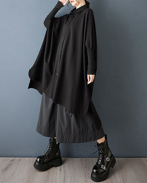 ellazhu Women's Shirt Coat Lapel Button Down Long Sleeve Solid Irregular Hem Plus Size Maxi Casual Fashion GZ686 Black