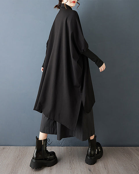 ellazhu Women's Shirt Coat Lapel Button Down Long Sleeve Solid Irregular Hem Plus Size Maxi Casual Fashion GZ686 Black