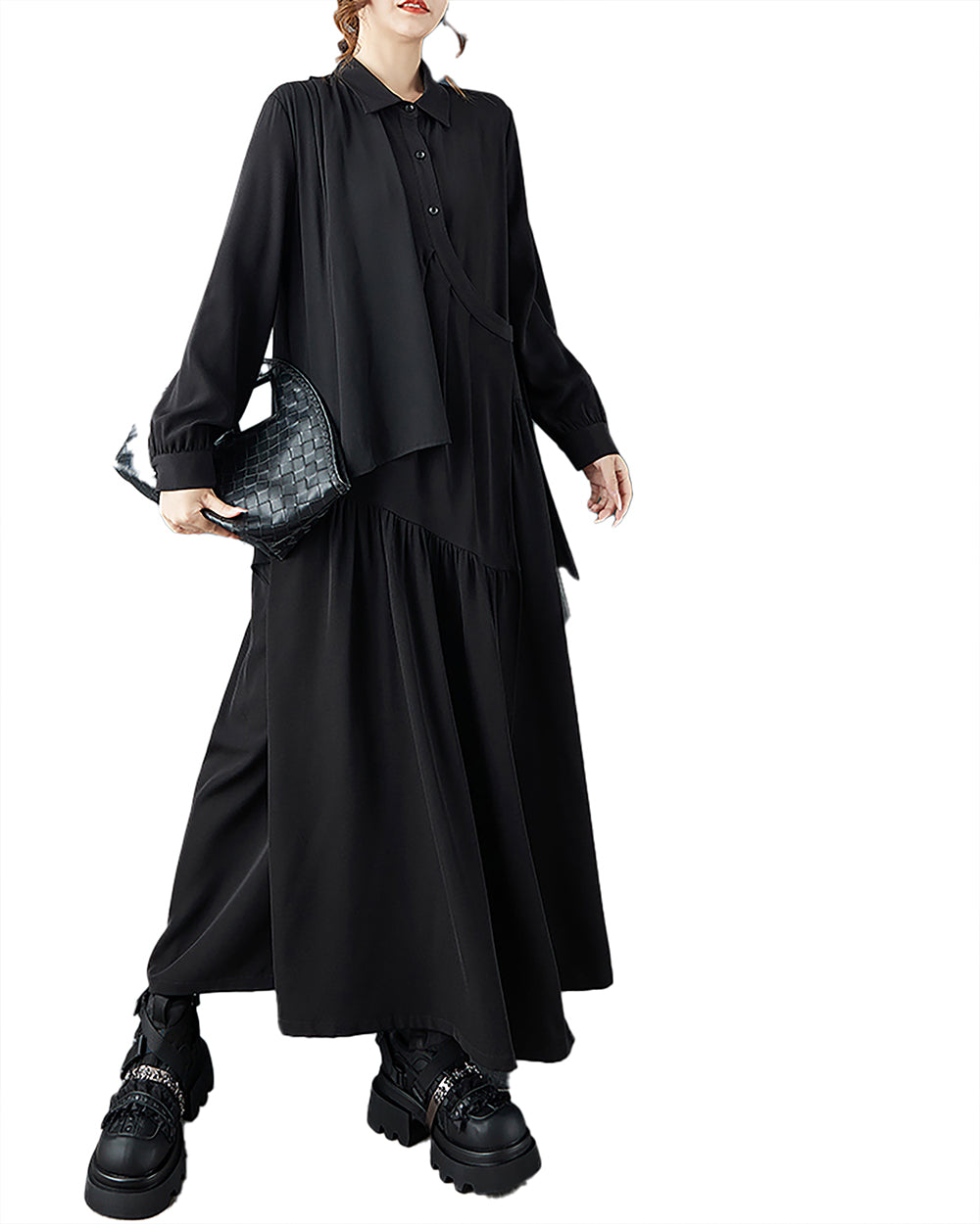 ellazhu Women's Shirt Dress Lapel Long Sleeve Solid Pleated Button Down Maxi Plus Size Casual Fashion Irregular Hem GZ687 Black