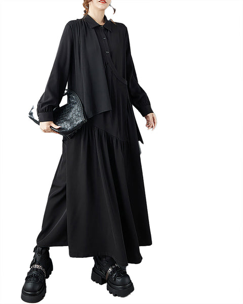ellazhu Women's Shirt Dress Lapel Long Sleeve Solid Pleated Button Down Maxi Plus Size Casual Fashion Irregular Hem GZ687 Black