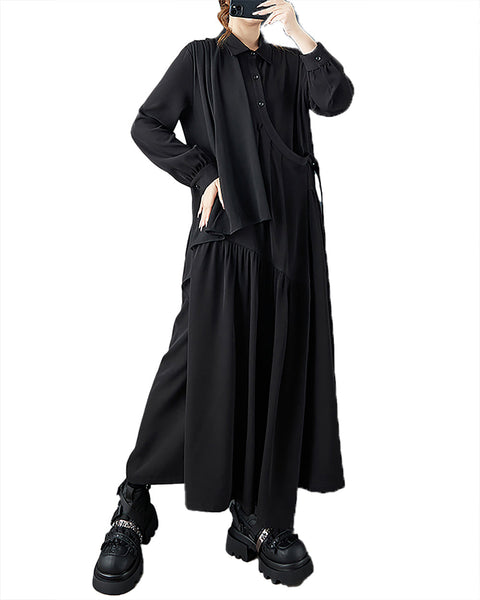 ellazhu Women's Shirt Dress Lapel Long Sleeve Solid Pleated Button Down Maxi Plus Size Casual Fashion Irregular Hem GZ687 Black