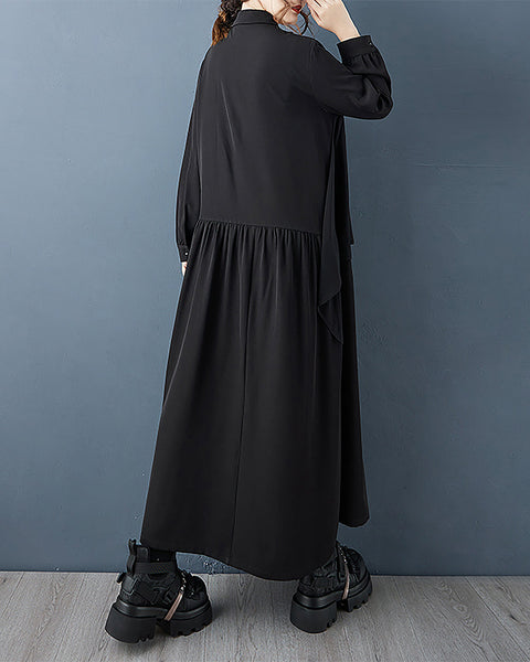 ellazhu Women's Shirt Dress Lapel Long Sleeve Solid Pleated Button Down Maxi Plus Size Casual Fashion Irregular Hem GZ687 Black