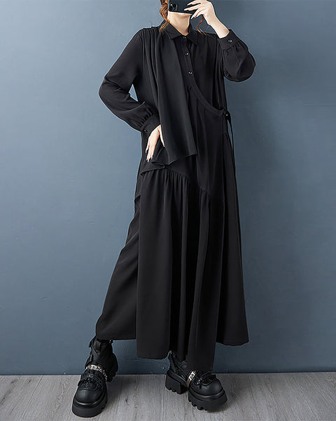 ellazhu Women's Shirt Dress Lapel Long Sleeve Solid Pleated Button Down Maxi Plus Size Casual Fashion Irregular Hem GZ687 Black