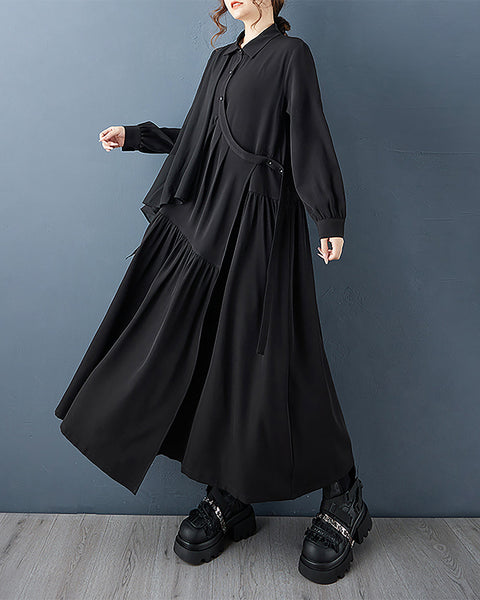 ellazhu Women's Shirt Dress Lapel Long Sleeve Solid Pleated Button Down Maxi Plus Size Casual Fashion Irregular Hem GZ687 Black