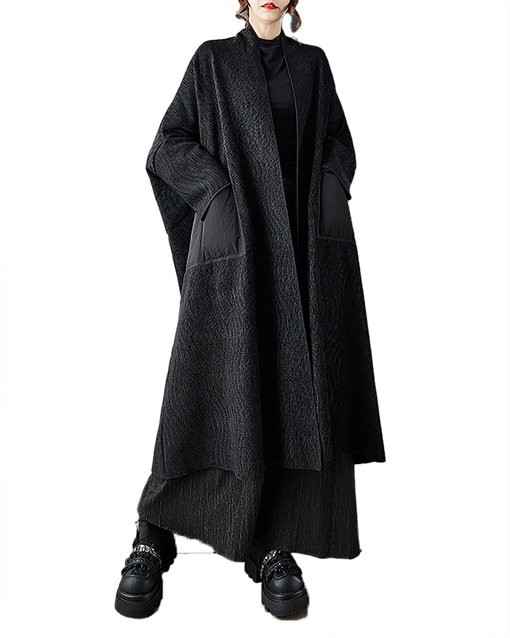 ellazhu Women's Coats Cardigan Chunky Solid Long Sleeve Side Pockets Plus Size Maxi Casual Fashion Vintage GZ688 Black