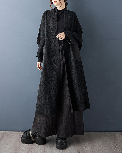 ellazhu Women's Coats Cardigan Chunky Solid Long Sleeve Side Pockets Plus Size Maxi Casual Fashion Vintage GZ688 Black