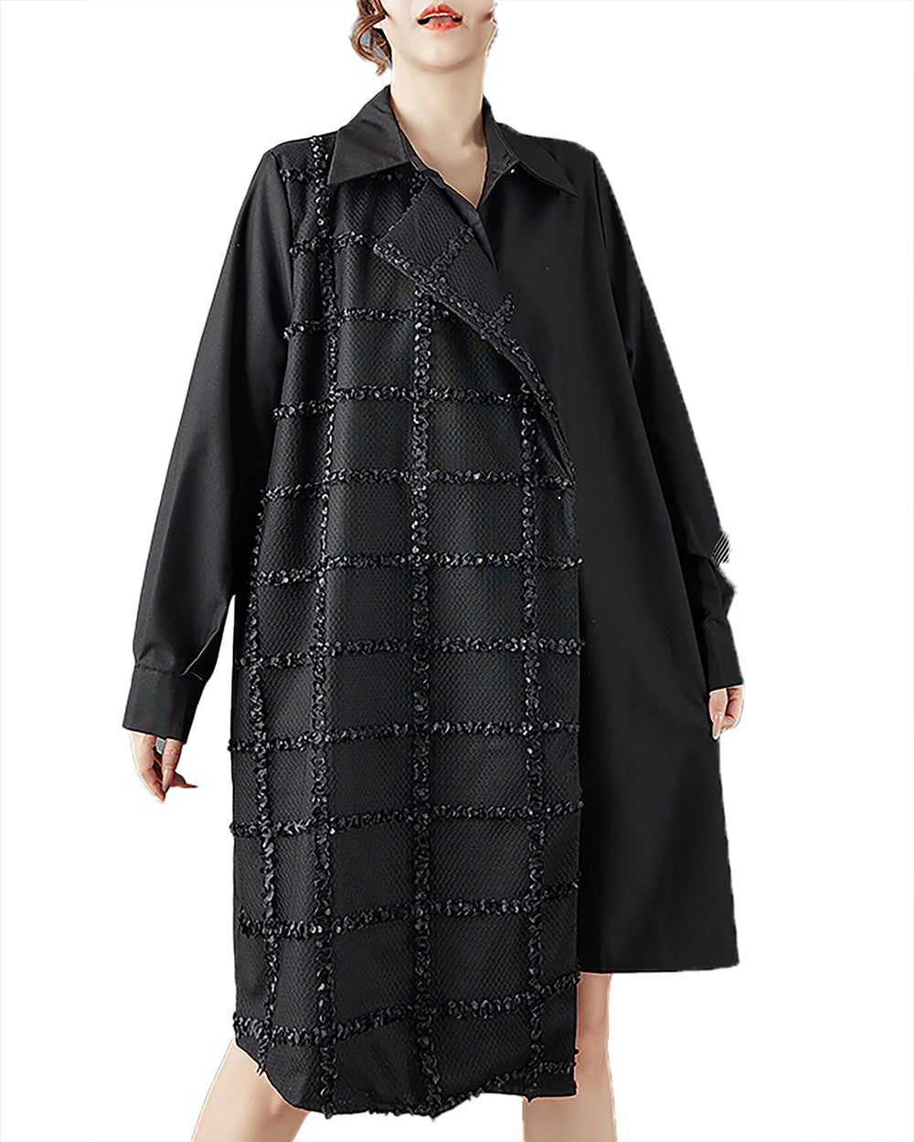 ellazhu Women's Dress Coat Lapel Long Sleeve Tie Waist Casual Maxi Plus Size Pocket Patchwork Irregular Hem GZ689 Black