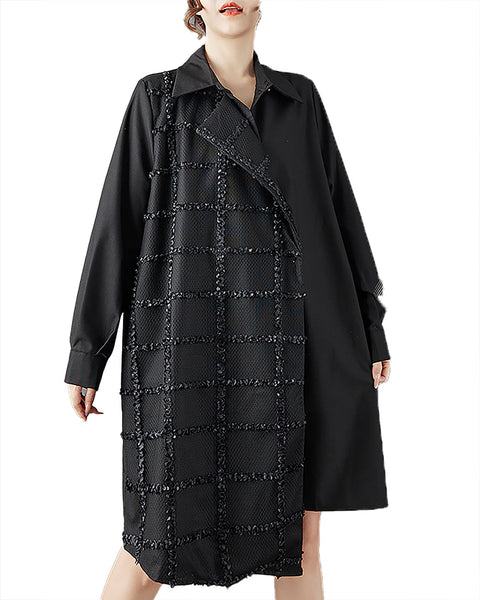 ellazhu Women's Dress Coat Lapel Long Sleeve Tie Waist Casual Maxi Plus Size Pocket Patchwork Irregular Hem GZ689 Black