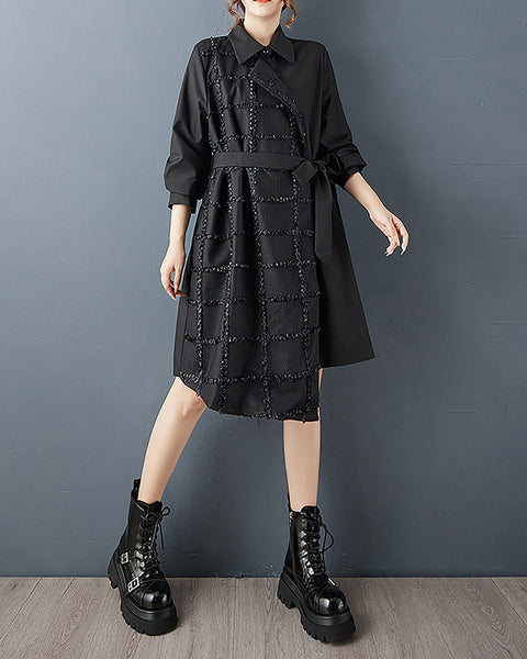 ellazhu Women's Dress Coat Lapel Long Sleeve Tie Waist Casual Maxi Plus Size Pocket Patchwork Irregular Hem GZ689 Black