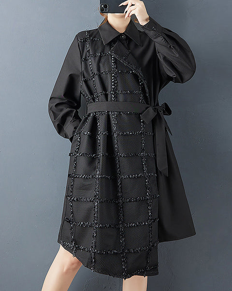 ellazhu Women's Dress Coat Lapel Long Sleeve Tie Waist Casual Maxi Plus Size Pocket Patchwork Irregular Hem GZ689 Black