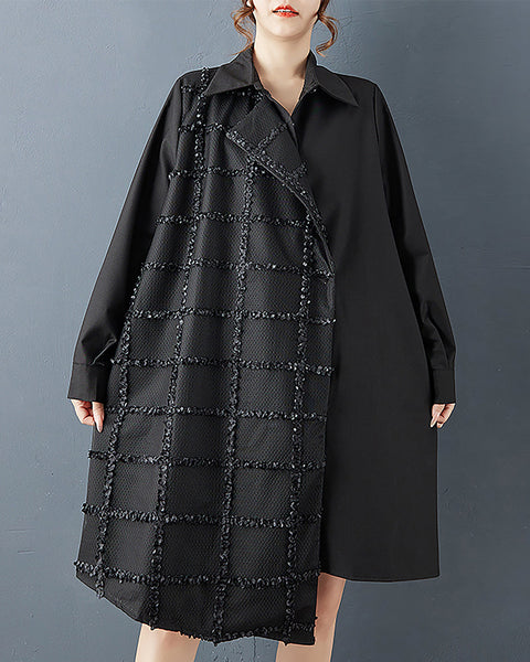 ellazhu Women's Dress Coat Lapel Long Sleeve Tie Waist Casual Maxi Plus Size Pocket Patchwork Irregular Hem GZ689 Black