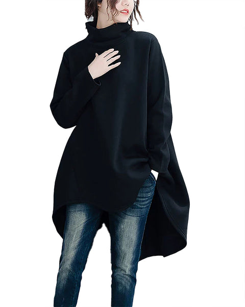 ellazhu Women's Shirt Coat Mock Neck Long Sleeve Solid High-Low Irregular Hem Plus Size Maxi Casual Fashion GZ690 Black