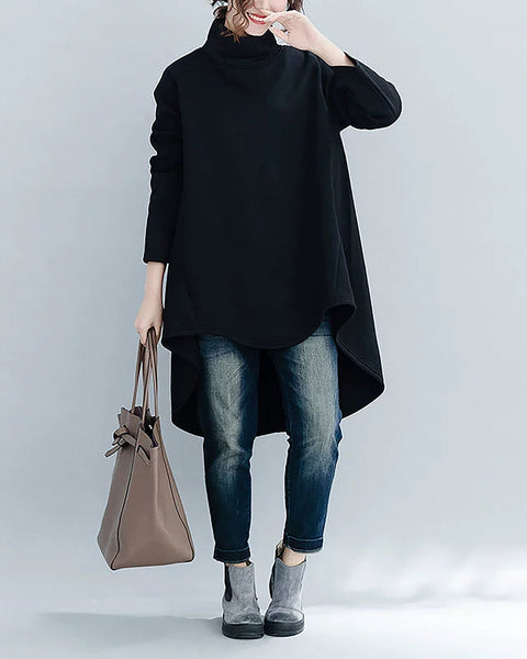 ellazhu Women's Shirt Coat Mock Neck Long Sleeve Solid High-Low Irregular Hem Plus Size Maxi Casual Fashion GZ690 Black