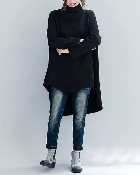 ellazhu Women's Shirt Coat Mock Neck Long Sleeve Solid High-Low Irregular Hem Plus Size Maxi Casual Fashion GZ690 Black