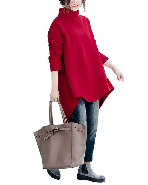 ellazhu Women's Shirt Coat Mock Neck Long Sleeve Solid High-Low Irregular Hem Plus Size Maxi Casual Fashion GZ690 Black