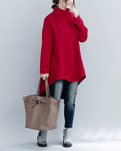 ellazhu Women's Shirt Coat Mock Neck Long Sleeve Solid High-Low Irregular Hem Plus Size Maxi Casual Fashion GZ690 Black