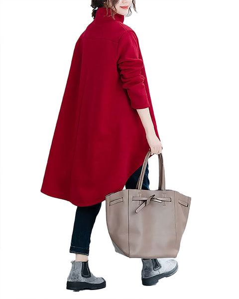 ellazhu Women's Shirt Coat Mock Neck Long Sleeve Solid High-Low Irregular Hem Plus Size Maxi Casual Fashion GZ690 Black