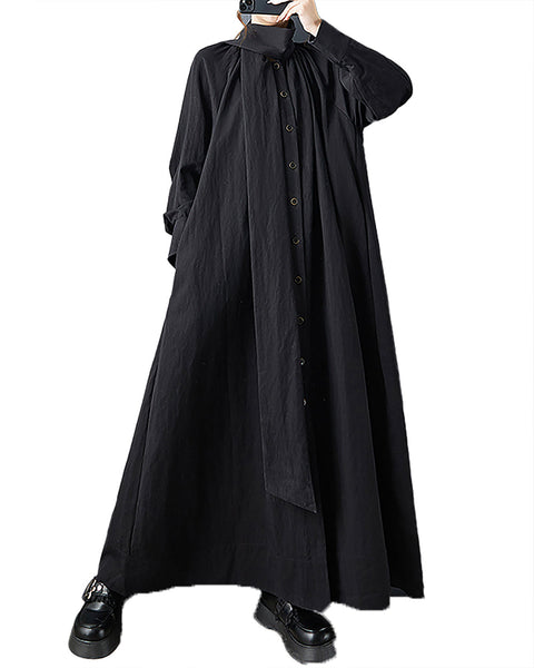 ellazhu Women's Dress Coat Mock Neck Long Sleeve Casual Fashion Button Down Maxi Hem Plus Size Solid Pocket GZ691 Black