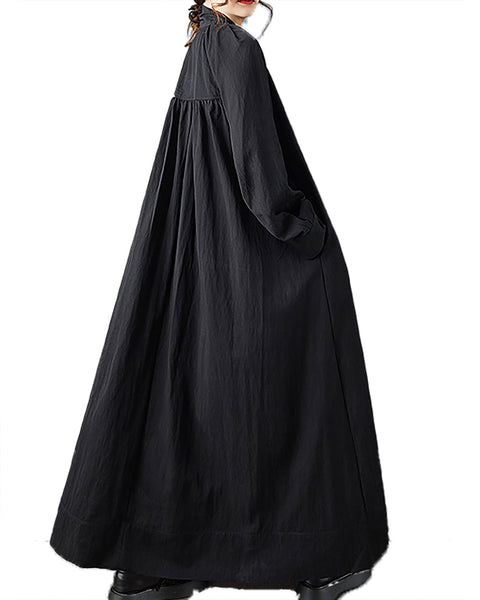 ellazhu Women's Dress Coat Mock Neck Long Sleeve Casual Fashion Button Down Maxi Hem Plus Size Solid Pocket GZ691 Black