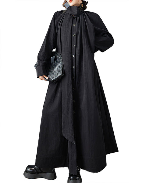 ellazhu Women's Dress Coat Mock Neck Long Sleeve Casual Fashion Button Down Maxi Hem Plus Size Solid Pocket GZ691 Black