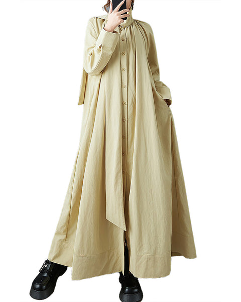 ellazhu Women's Dress Coat Mock Neck Long Sleeve Casual Fashion Button Down Maxi Hem Plus Size Solid Pocket GZ691 Black