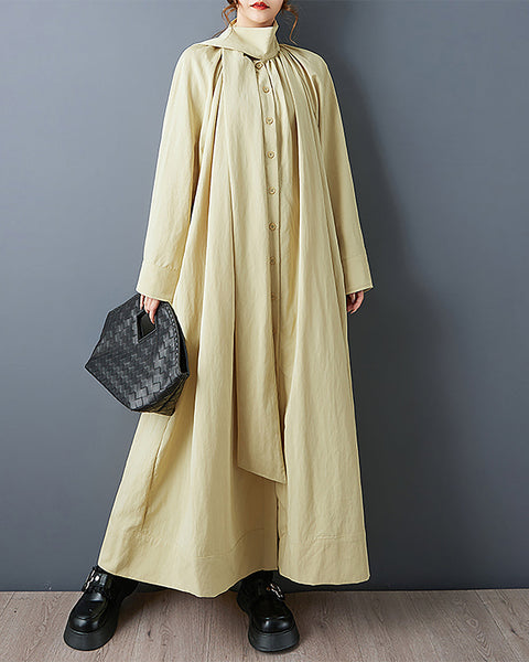 ellazhu Women's Dress Coat Mock Neck Long Sleeve Casual Fashion Button Down Maxi Hem Plus Size Solid Pocket GZ691 Black