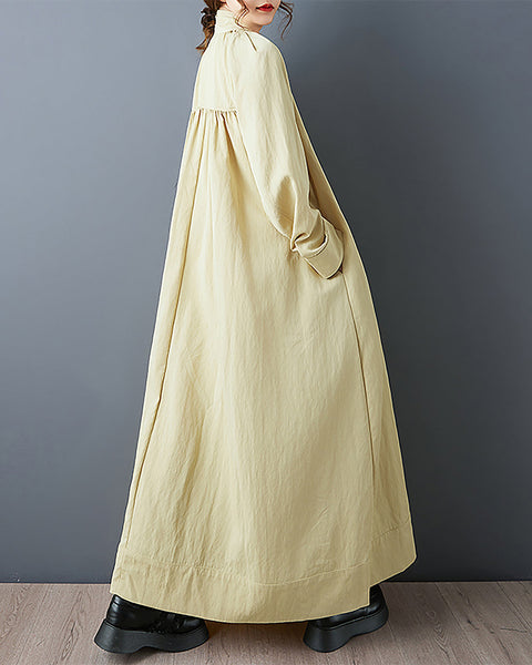 ellazhu Women's Dress Coat Mock Neck Long Sleeve Casual Fashion Button Down Maxi Hem Plus Size Solid Pocket GZ691 Black