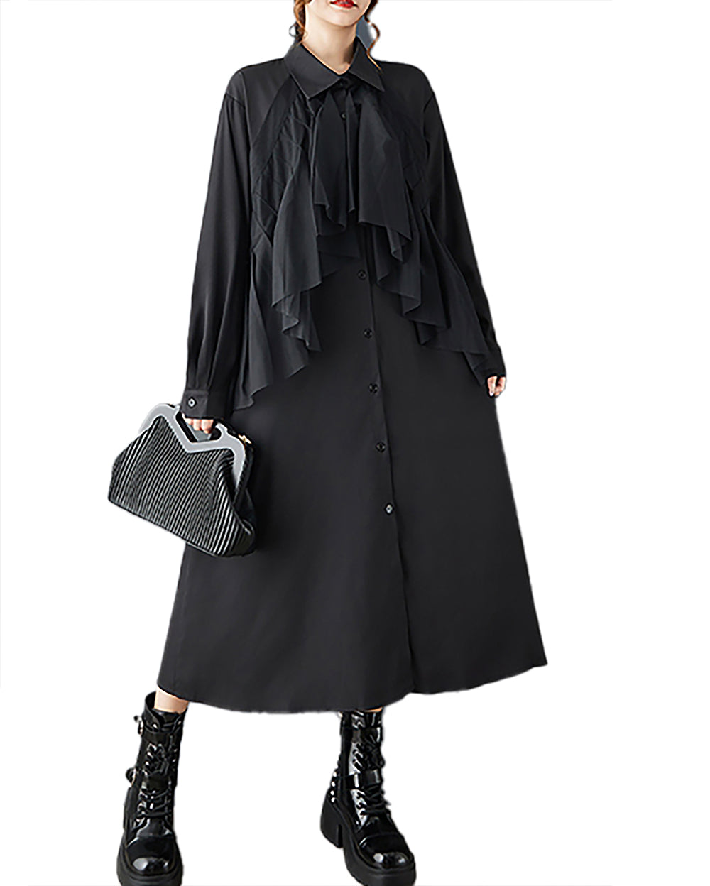 ellazhu Women's Dress Coat Lapel Long Sleeve Casual Pleated Button Down Maxi Hem Plus Size Solid Pocket GZ692 Black