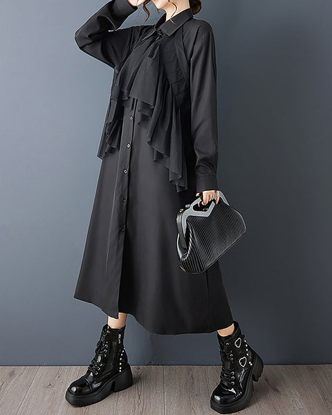 ellazhu Women's Dress Coat Lapel Long Sleeve Casual Pleated Button Down Maxi Hem Plus Size Solid Pocket GZ692 Black