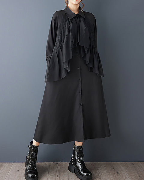 ellazhu Women's Dress Coat Lapel Long Sleeve Casual Pleated Button Down Maxi Hem Plus Size Solid Pocket GZ692 Black