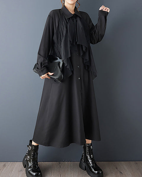 ellazhu Women's Dress Coat Lapel Long Sleeve Casual Pleated Button Down Maxi Hem Plus Size Solid Pocket GZ692 Black