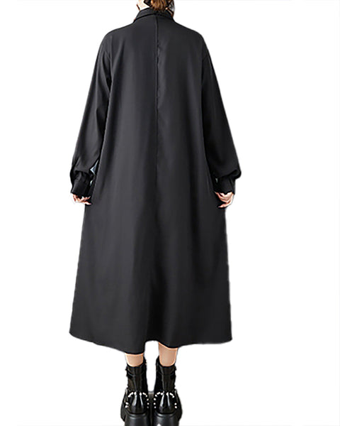 ellazhu Women's Dress Coat Lapel Long Sleeve Casual Pleated Button Down Maxi Hem Plus Size Solid Pocket GZ692 Black