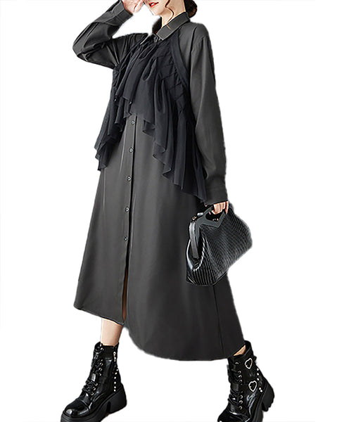 ellazhu Women's Dress Coat Lapel Long Sleeve Casual Pleated Button Down Maxi Hem Plus Size Solid Pocket GZ692 Black