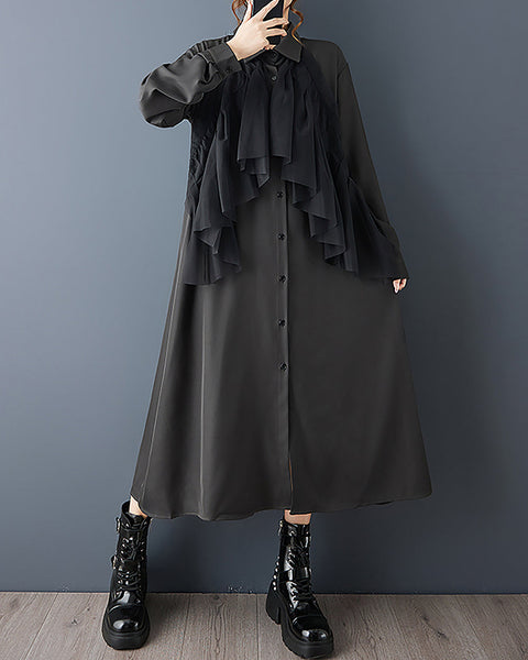 ellazhu Women's Dress Coat Lapel Long Sleeve Casual Pleated Button Down Maxi Hem Plus Size Solid Pocket GZ692 Black