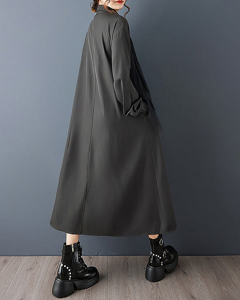 ellazhu Women's Dress Coat Lapel Long Sleeve Casual Pleated Button Down Maxi Hem Plus Size Solid Pocket GZ692 Black