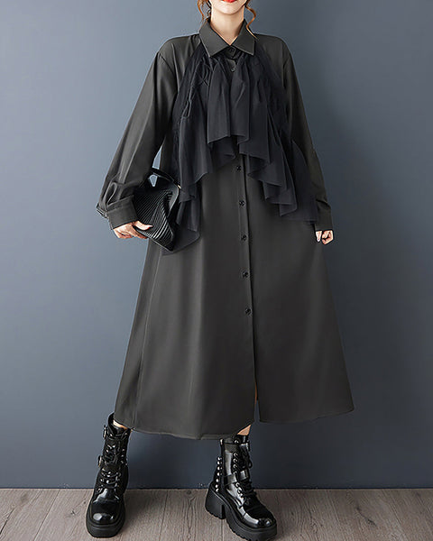 ellazhu Women's Dress Coat Lapel Long Sleeve Casual Pleated Button Down Maxi Hem Plus Size Solid Pocket GZ692 Black