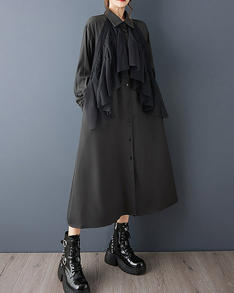 ellazhu Women's Dress Coat Lapel Long Sleeve Casual Pleated Button Down Maxi Hem Plus Size Solid Pocket GZ692 Black