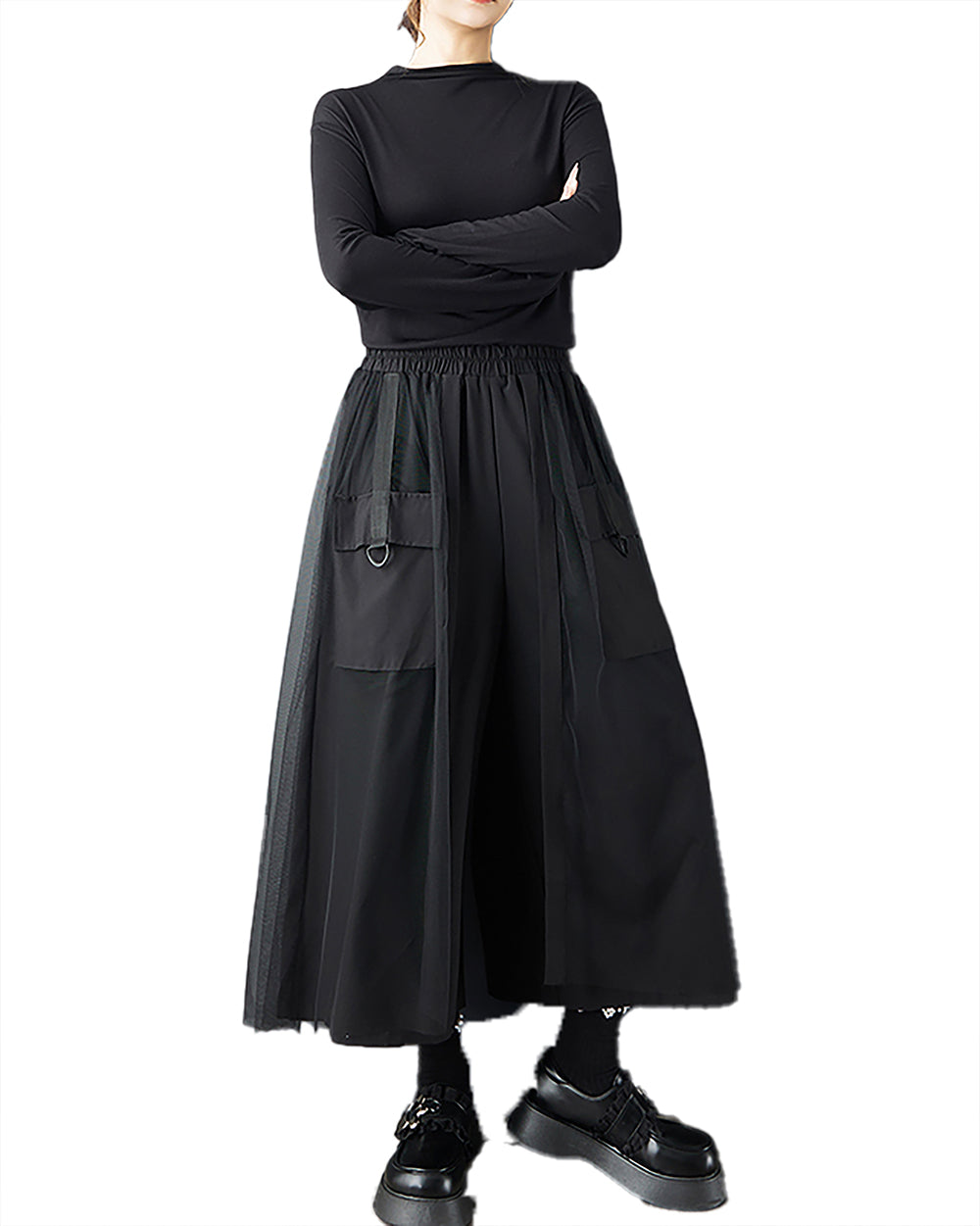 ellazhu Women's Pants Loose Wide Leg High Elastic Waist Patchwork Sweatpants Side Pockets GZ693 Black