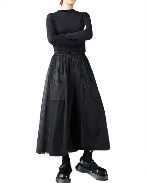 ellazhu Women's Pants Loose Wide Leg High Elastic Waist Patchwork Sweatpants Side Pockets GZ693 Black